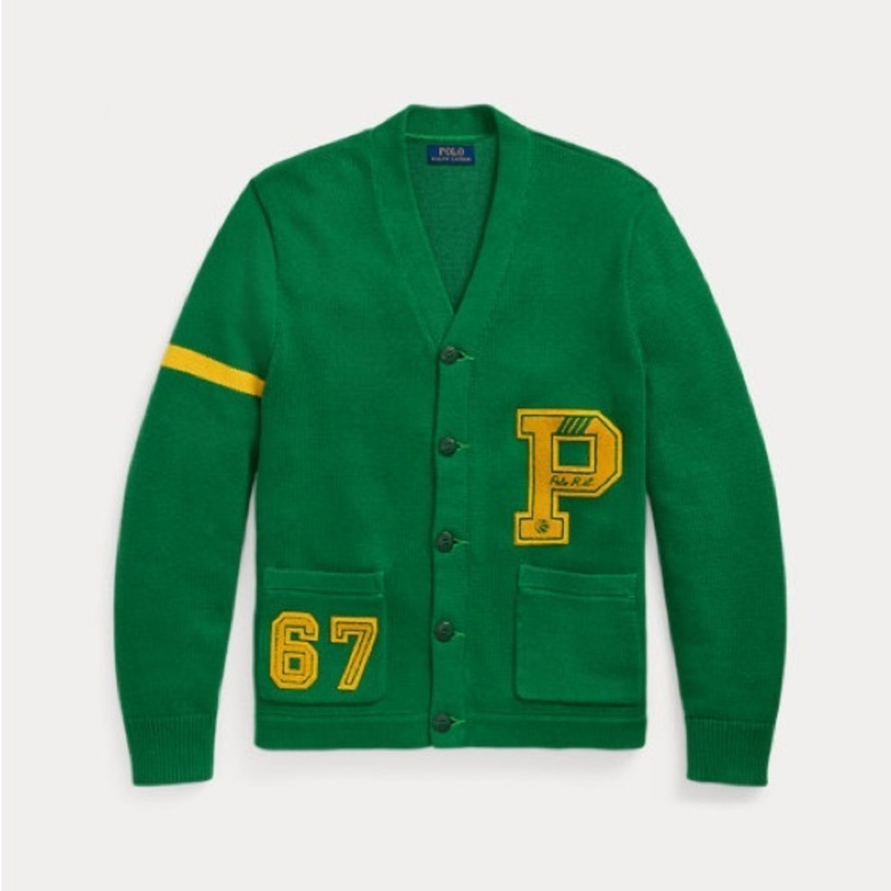 Polo by Ralph Lauren Green Wool Varsity Cardigan with Yellow Patch - Picture 2 of 11